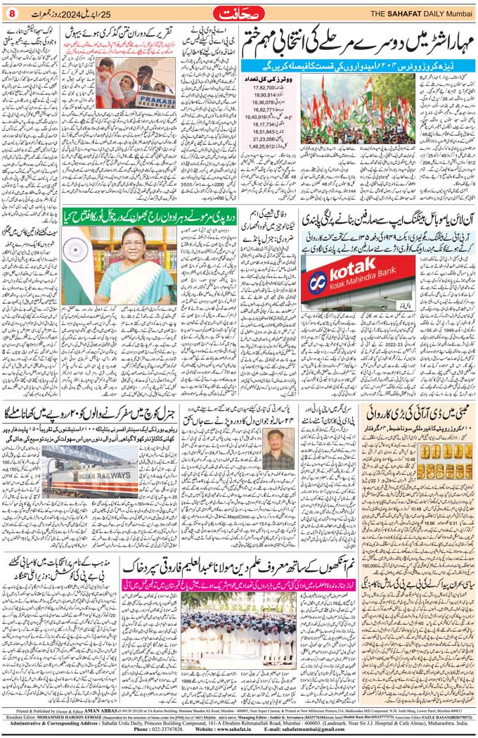 The Sahafat Mumbai, Urdu Newspaper India, Indian Newspapers, Urdu Akhbar, Urdu News Hindustan